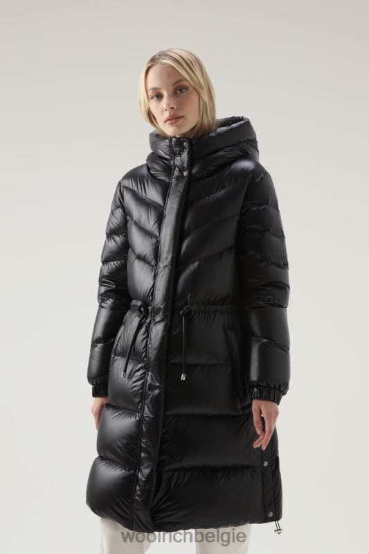 Aliquippa zijdezacht lang donsjack met trekkoord in de taille Woolrich vrouwen 8TTN0247 zwart kleding