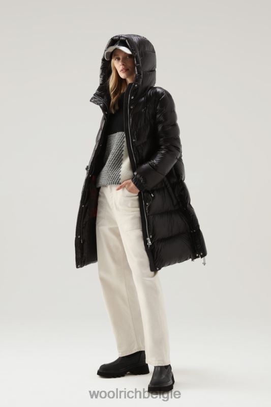 Aliquippa zijdezacht lang donsjack met trekkoord in de taille Woolrich vrouwen 8TTN0247 zwart kleding