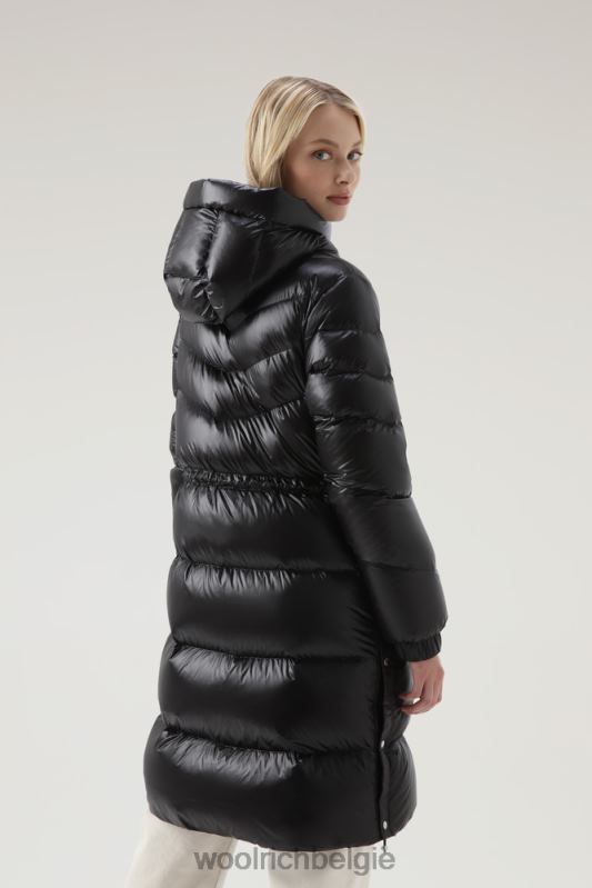 Aliquippa zijdezacht lang donsjack met trekkoord in de taille Woolrich vrouwen 8TTN0247 zwart kleding