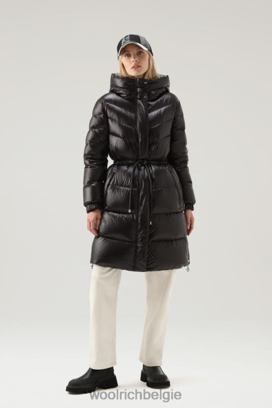 Aliquippa zijdezacht lang donsjack met trekkoord in de taille Woolrich vrouwen 8TTN0247 zwart kleding