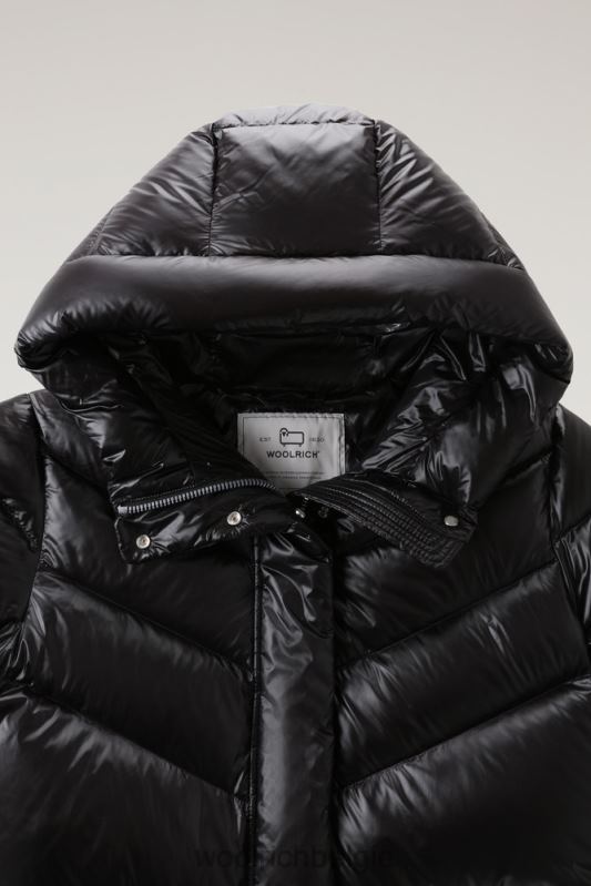 Aliquippa zijdezacht lang donsjack met trekkoord in de taille Woolrich vrouwen 8TTN0247 zwart kleding