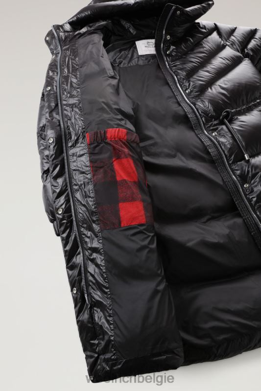 Aliquippa zijdezacht lang donsjack met trekkoord in de taille Woolrich vrouwen 8TTN0247 zwart kleding