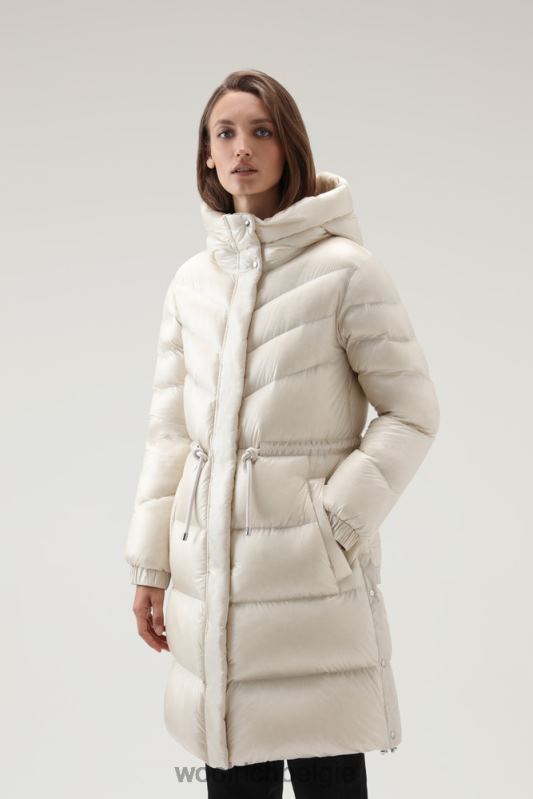 Aliquippa zijdezacht lang donsjack met trekkoord in de taille Woolrich vrouwen 8TTN0285 melkachtige crème kleding