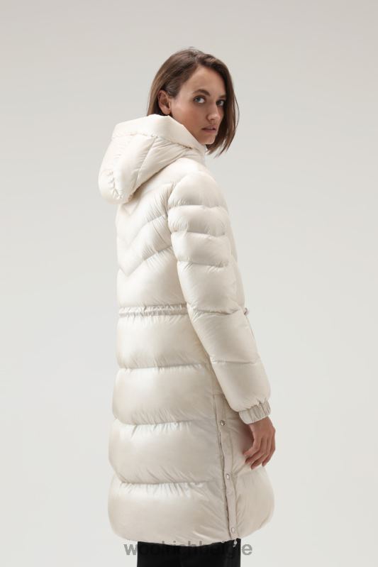 Aliquippa zijdezacht lang donsjack met trekkoord in de taille Woolrich vrouwen 8TTN0285 melkachtige crème kleding