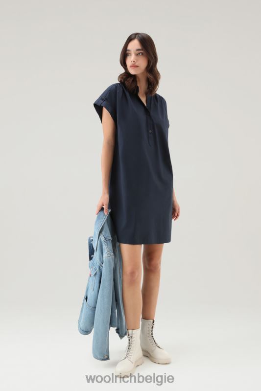 Een korte jurk van popeline van puur katoen met geplooide details Woolrich vrouwen 8TTN033 Melton blauw kleding