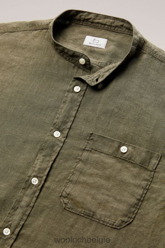 Garmentgeverfd overhemd van puur linnen met bandkraag Woolrich Heren 8TTN0495 donkergroen kleding