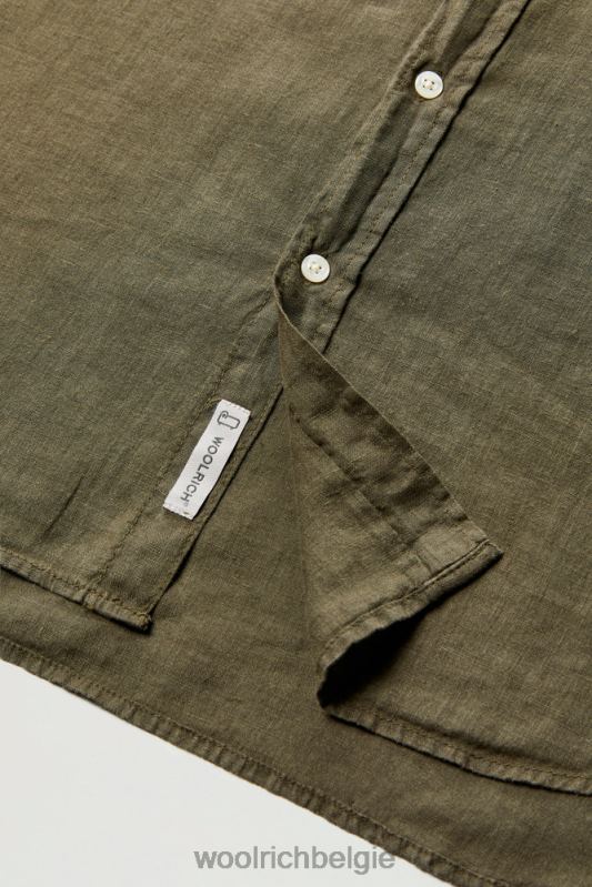 Garmentgeverfd overhemd van puur linnen met bandkraag Woolrich Heren 8TTN0495 donkergroen kleding