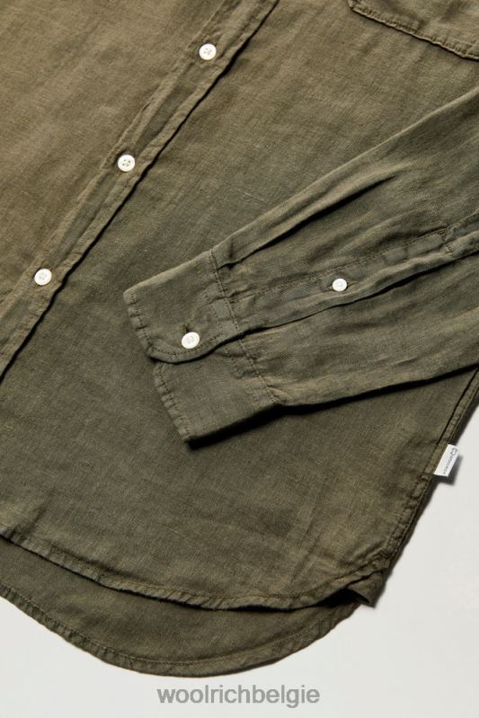 Garmentgeverfd overhemd van puur linnen met bandkraag Woolrich Heren 8TTN0495 donkergroen kleding