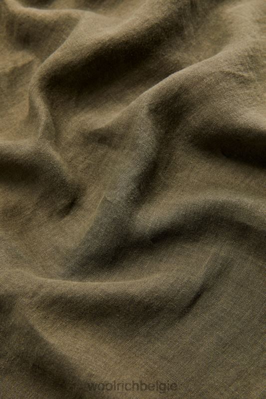 Garmentgeverfd overhemd van puur linnen met bandkraag Woolrich Heren 8TTN0495 donkergroen kleding