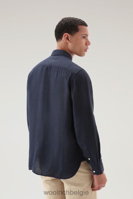 Garmentgeverfd overhemd van zuiver linnen Woolrich Heren 8TTN0376 Melton blauw kleding