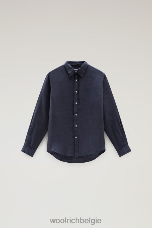 Garmentgeverfd overhemd van zuiver linnen Woolrich Heren 8TTN0376 Melton blauw kleding