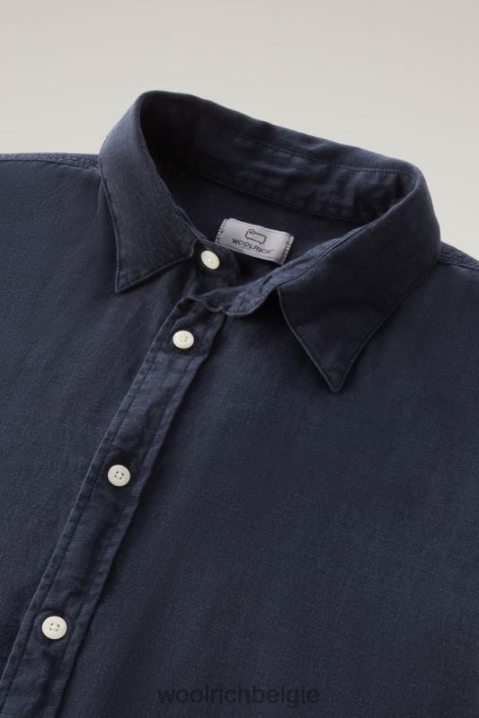 Garmentgeverfd overhemd van zuiver linnen Woolrich Heren 8TTN0376 Melton blauw kleding