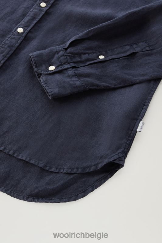 Garmentgeverfd overhemd van zuiver linnen Woolrich Heren 8TTN0376 Melton blauw kleding