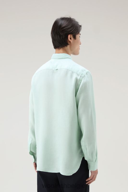 Garmentgeverfd overhemd van zuiver linnen Woolrich Heren 8TTN0404 haven groen kleding