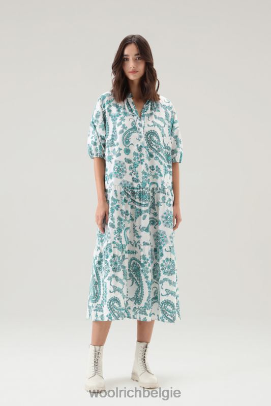Jurk met ruches van popeline van puur katoen Woolrich vrouwen 8TTN0164 turkoois paisley kleding