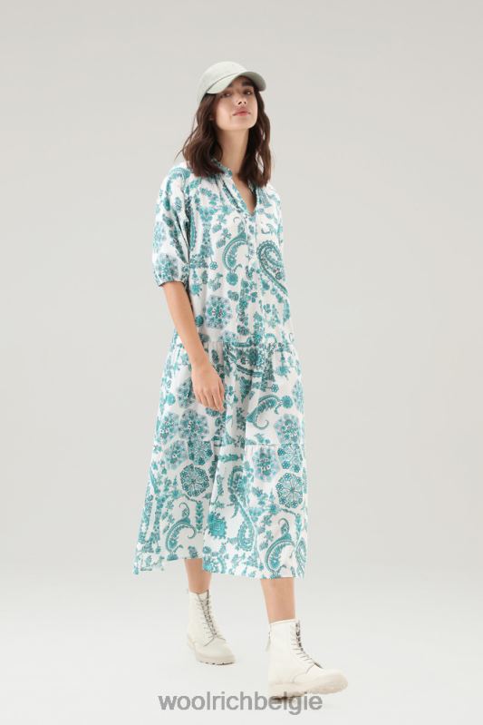 Jurk met ruches van popeline van puur katoen Woolrich vrouwen 8TTN0164 turkoois paisley kleding
