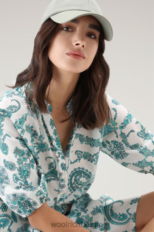 Jurk met ruches van popeline van puur katoen Woolrich vrouwen 8TTN0164 turkoois paisley kleding