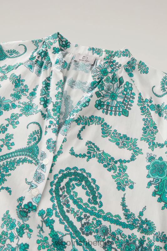 Jurk met ruches van popeline van puur katoen Woolrich vrouwen 8TTN0164 turkoois paisley kleding