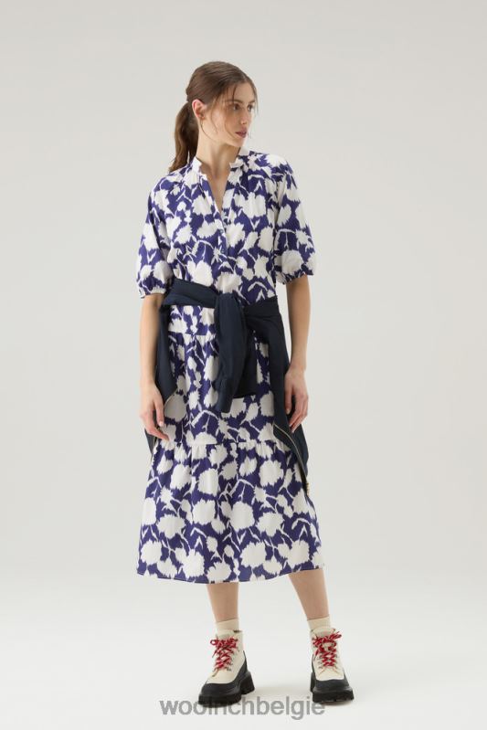 Jurk met ruches van popeline van puur katoen Woolrich vrouwen 8TTN0168 Melton blauwe bloem kleding