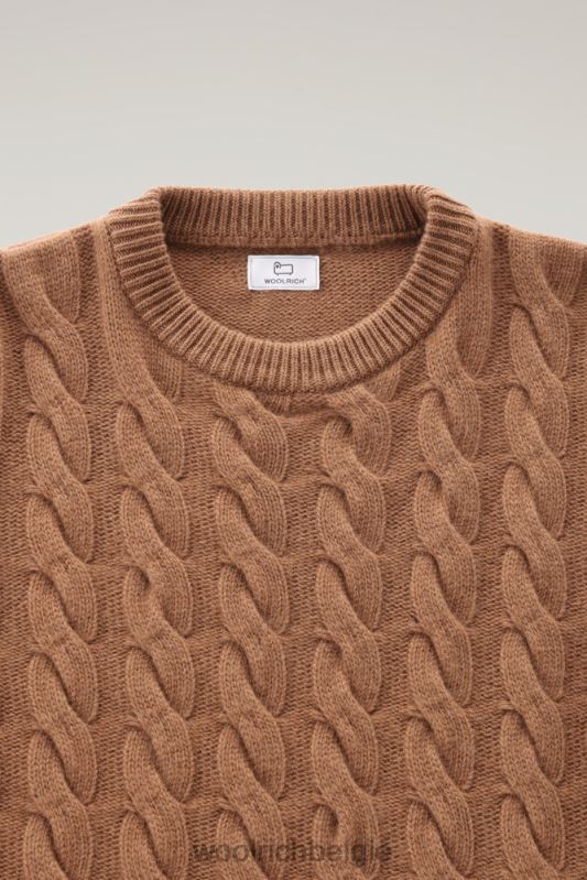 Kabelgebreide ronde hals van scheerwol Woolrich Heren 8TTN0695 Alaskan bruin kleding