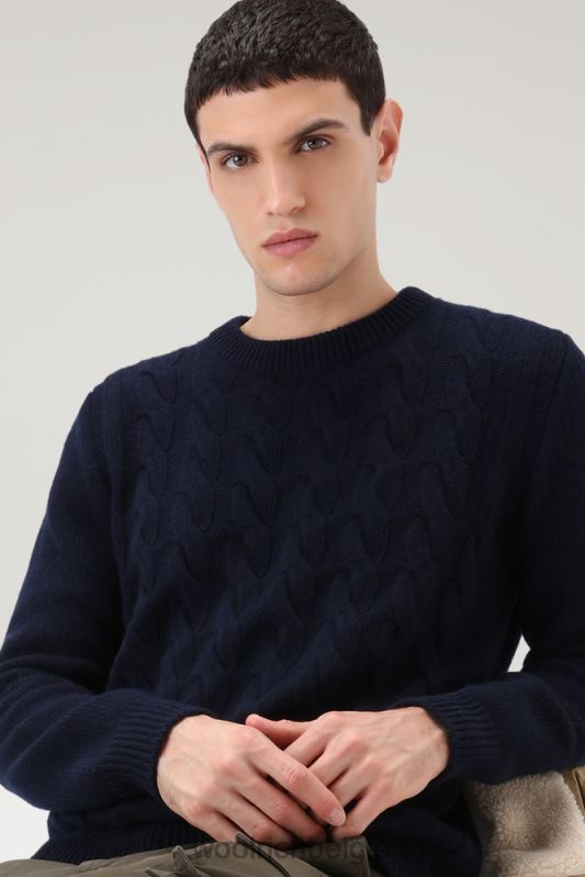 Kabelgebreide ronde hals van scheerwol Woolrich Heren 8TTN0700 Melton blauw kleding