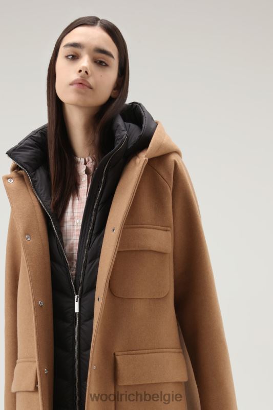 Manteco wollen zijlijn 2-in-1 jas Woolrich vrouwen 8TTN0255 donkere kameel kleding