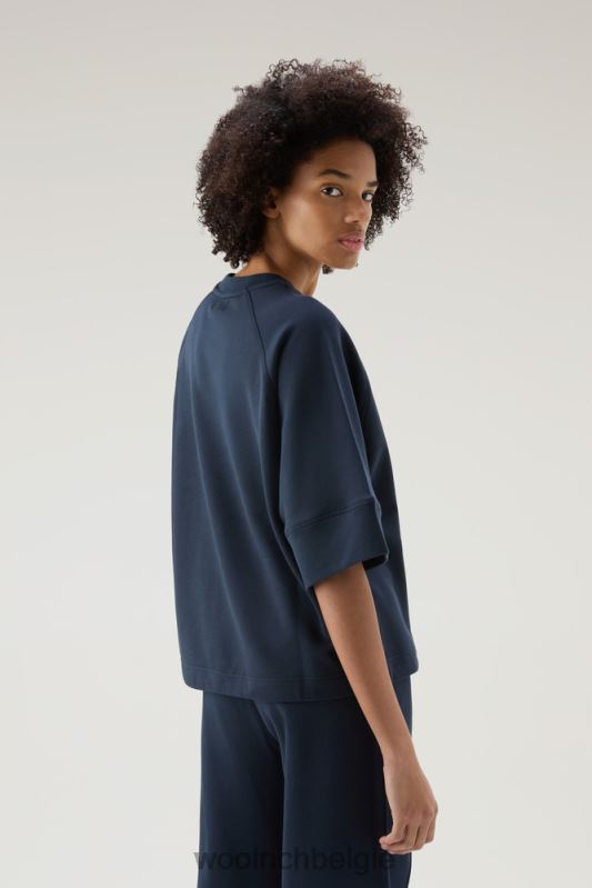 Puur katoenen ronde hals met driekwart mouwen Woolrich vrouwen 8TTN0117 Melton blauw kleding