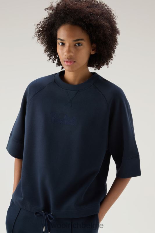 Puur katoenen ronde hals met driekwart mouwen Woolrich vrouwen 8TTN0117 Melton blauw kleding