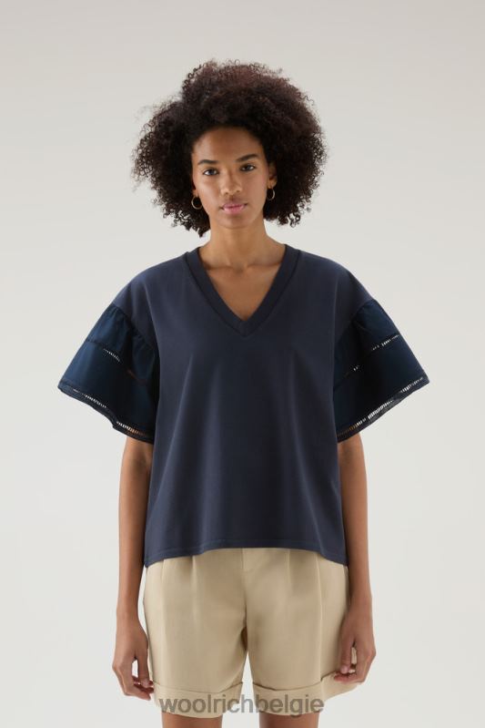 T-shirt aan het meer van puur katoen met pofmouwen Woolrich vrouwen 8TTN0126 Melton blauw kleding