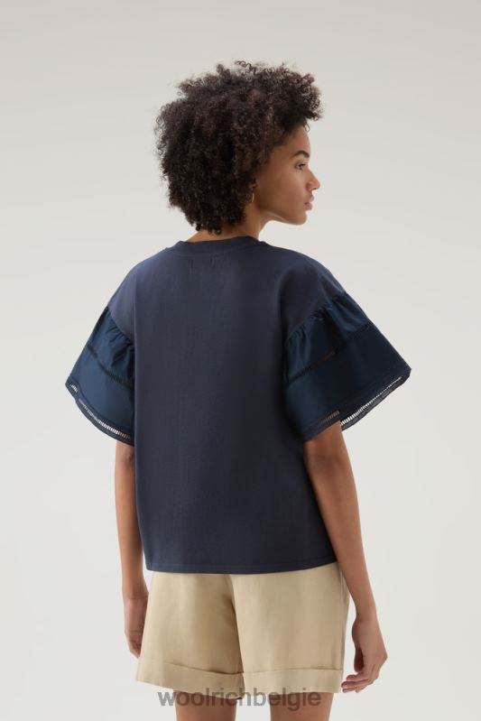 T-shirt aan het meer van puur katoen met pofmouwen Woolrich vrouwen 8TTN0126 Melton blauw kleding
