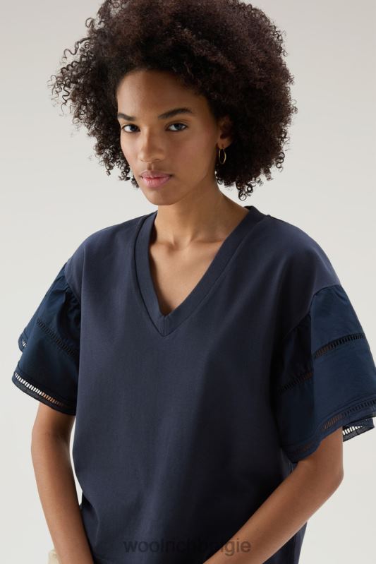 T-shirt aan het meer van puur katoen met pofmouwen Woolrich vrouwen 8TTN0126 Melton blauw kleding
