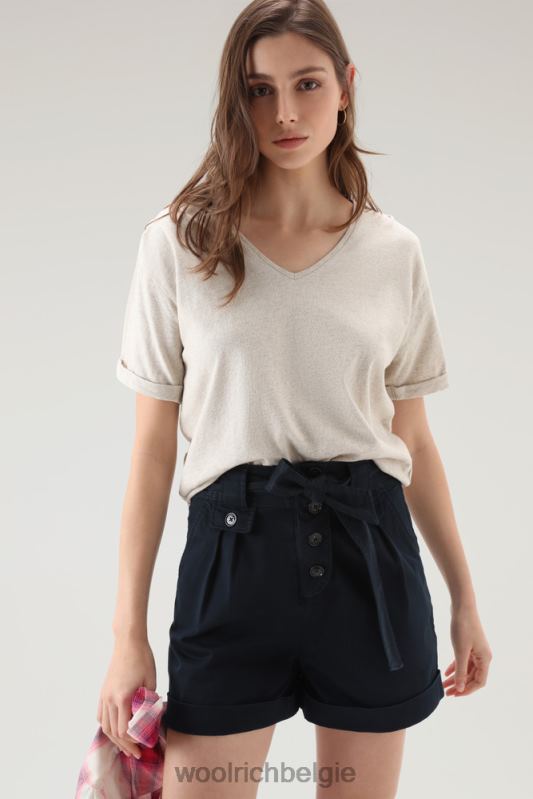 T-shirt van katoen-linnenmix met V-hals Woolrich vrouwen 8TTN096 strandzand kleding