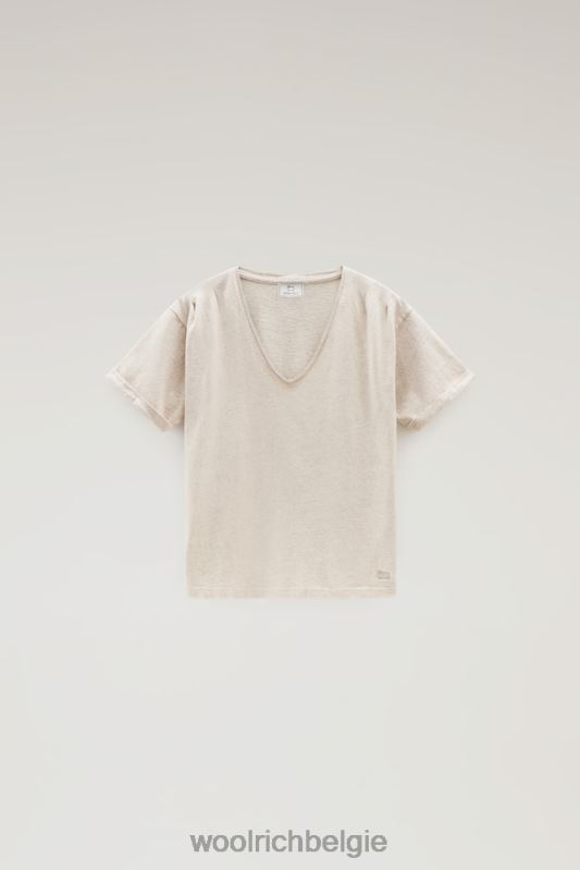 T-shirt van katoen-linnenmix met V-hals Woolrich vrouwen 8TTN096 strandzand kleding
