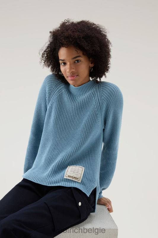 Trui met ronde hals van zuiver katoen met natuurlijke kledingkleurstofafwerking Woolrich vrouwen 8TTN0131 bleek indigo kleding