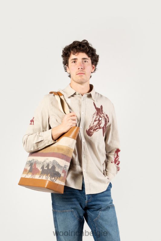 draagtas van puur katoen met leren handvatten - one of the days Woolrich unisex 8TTN0156 streep zand accessoires