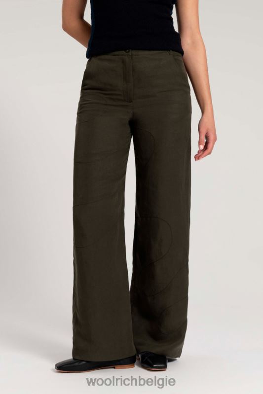 geborduurde broek met wijde pijpen van een linnenmix van Danielle Cathari Woolrich vrouwen 8TTN0135 donkergroen kleding