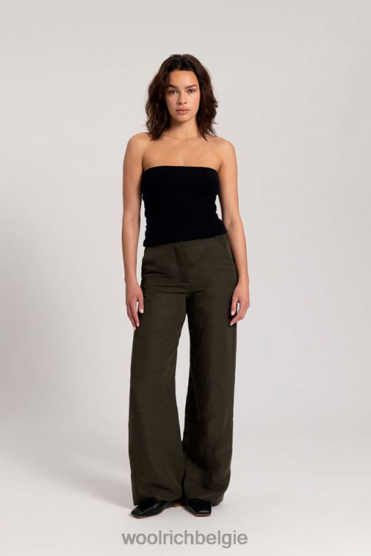geborduurde broek met wijde pijpen van een linnenmix van Danielle Cathari Woolrich vrouwen 8TTN0135 donkergroen kleding