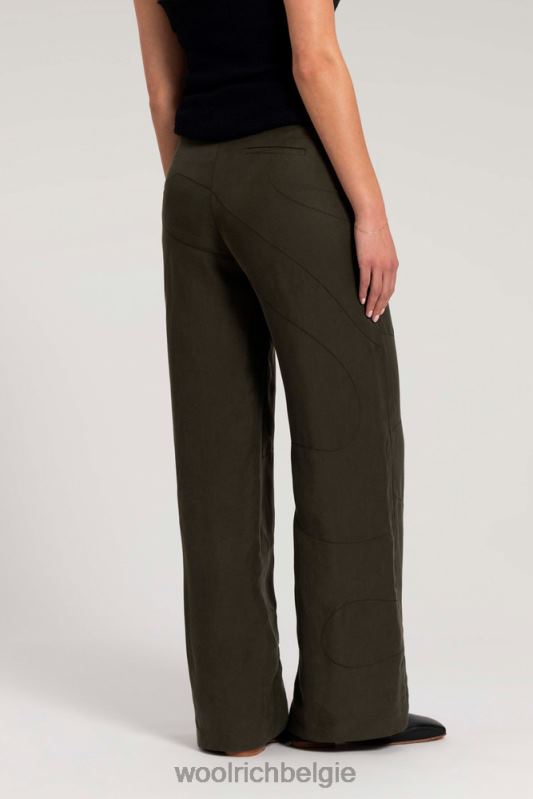 geborduurde broek met wijde pijpen van een linnenmix van Danielle Cathari Woolrich vrouwen 8TTN0135 donkergroen kleding