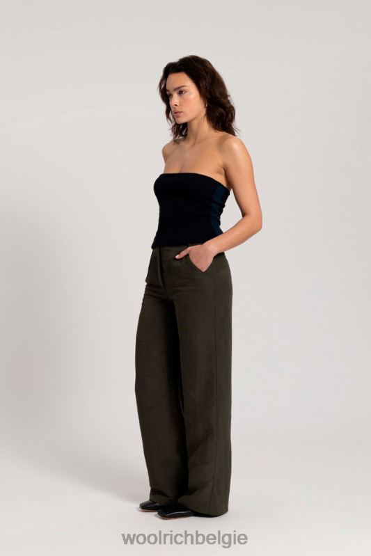 geborduurde broek met wijde pijpen van een linnenmix van Danielle Cathari Woolrich vrouwen 8TTN0135 donkergroen kleding
