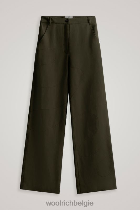 geborduurde broek met wijde pijpen van een linnenmix van Danielle Cathari Woolrich vrouwen 8TTN0135 donkergroen kleding