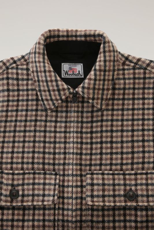 geruit flanellen overshirt van wolmix met rits aan de voorkant Woolrich Heren 8TTN0709 bruine ruit kleding