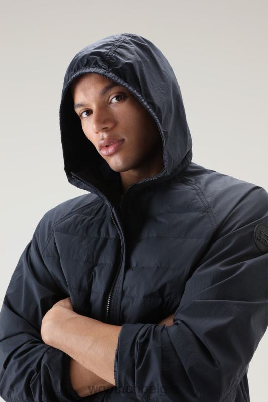 hybride jack van crinkle nylon met gewatteerde voorkant en capuchon Woolrich Heren 8TTN0499 Melton blauw kleding