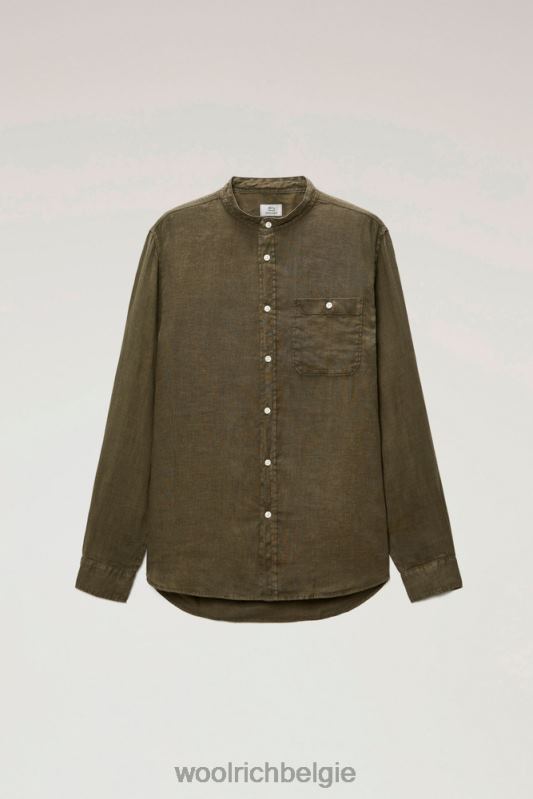 Garmentgeverfd overhemd van puur linnen met bandkraag Woolrich Heren 8TTN0495 donkergroen kleding