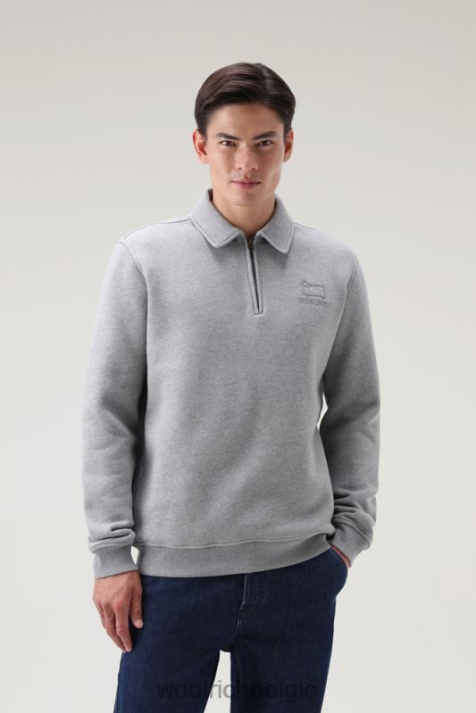 Poloshirt met lange mouwen en halve rits van katoenfleece Woolrich Heren 8TTN0762 middengrijs gemêleerd kleding