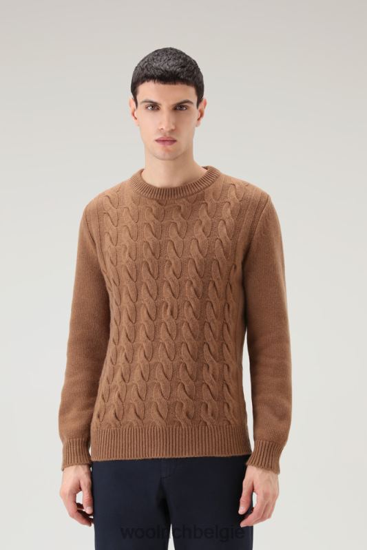 Kabelgebreide ronde hals van scheerwol Woolrich Heren 8TTN0695 Alaskan bruin kleding