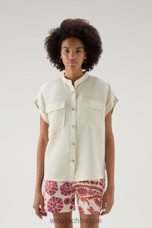 overhemd met korte mouwen van een linnenmix Woolrich vrouwen 8TTN0192 melkachtige crème kleding