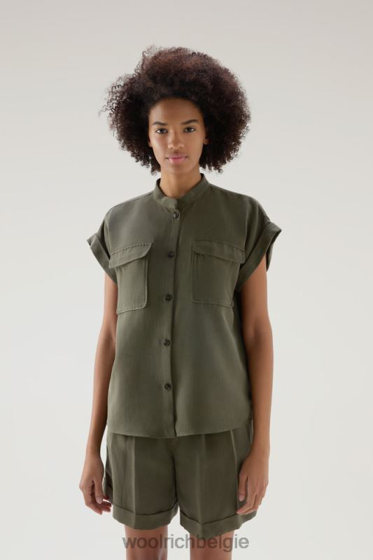 overhemd met korte mouwen van een linnenmix Woolrich vrouwen 8TTN0199 donkergroen kleding