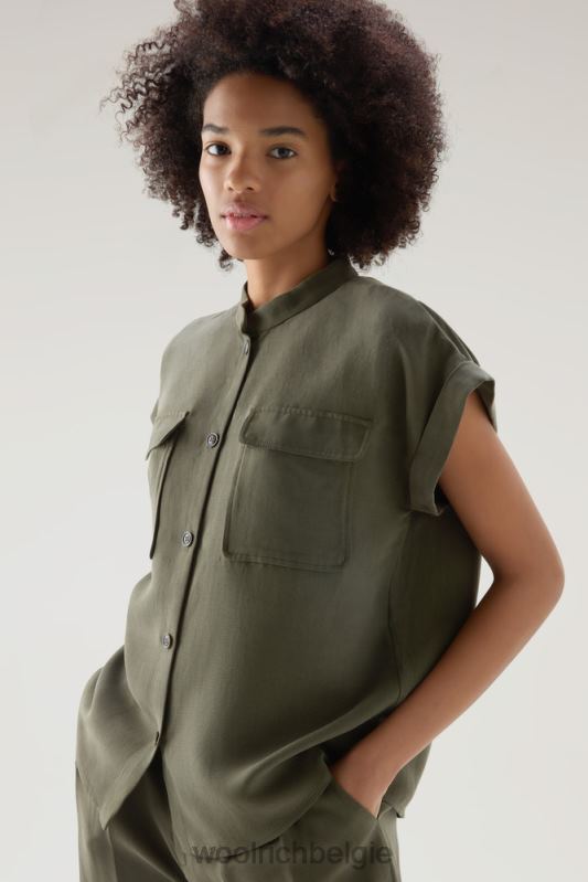 overhemd met korte mouwen van een linnenmix Woolrich vrouwen 8TTN0199 donkergroen kleding