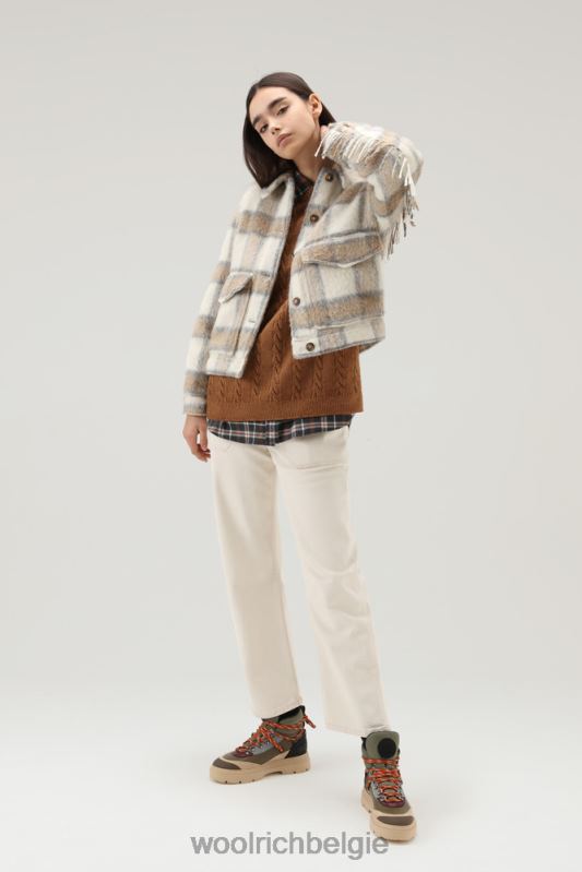 overshirt van geborstelde wolmix met franjes Woolrich vrouwen 8TTN0232 crème cheque kleding