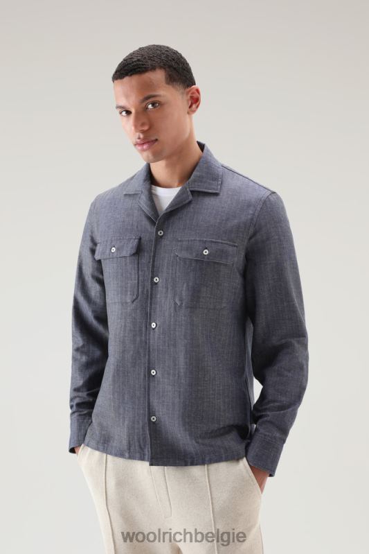 overshirt van katoen-linnenmix Woolrich Heren 8TTN0436 blauwe visgraat kleding